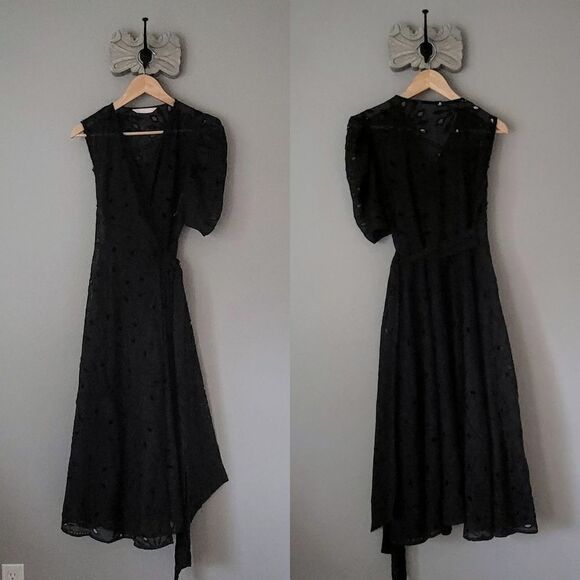 Handmade One Shoulder Puff Sleeve Floral Eyelet Wrap Midi Dress in Black - Picture 2 of 10